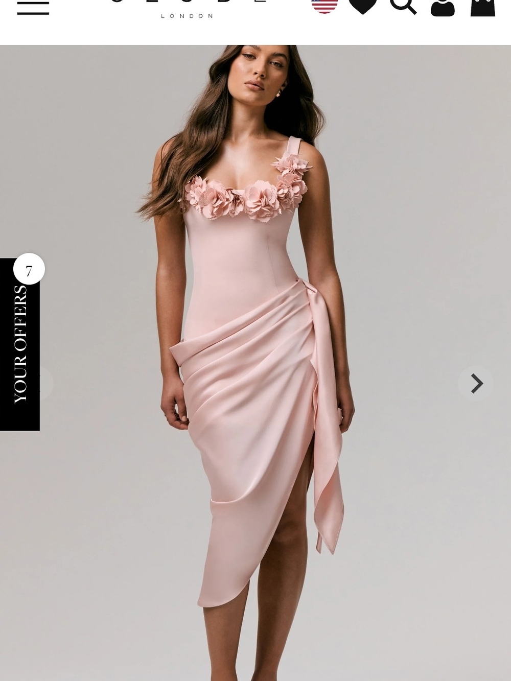 Club L London Blush Pink Floral-Applique Draped Midi Dress